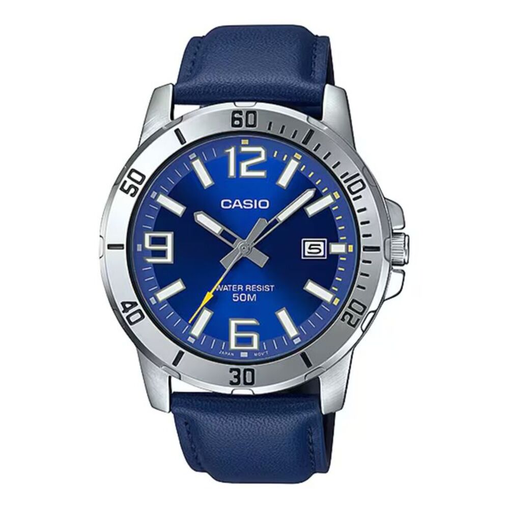 Casio Men’s Blue Leather Strap Watch with Blue Dial - MTP-VD01L-2BV